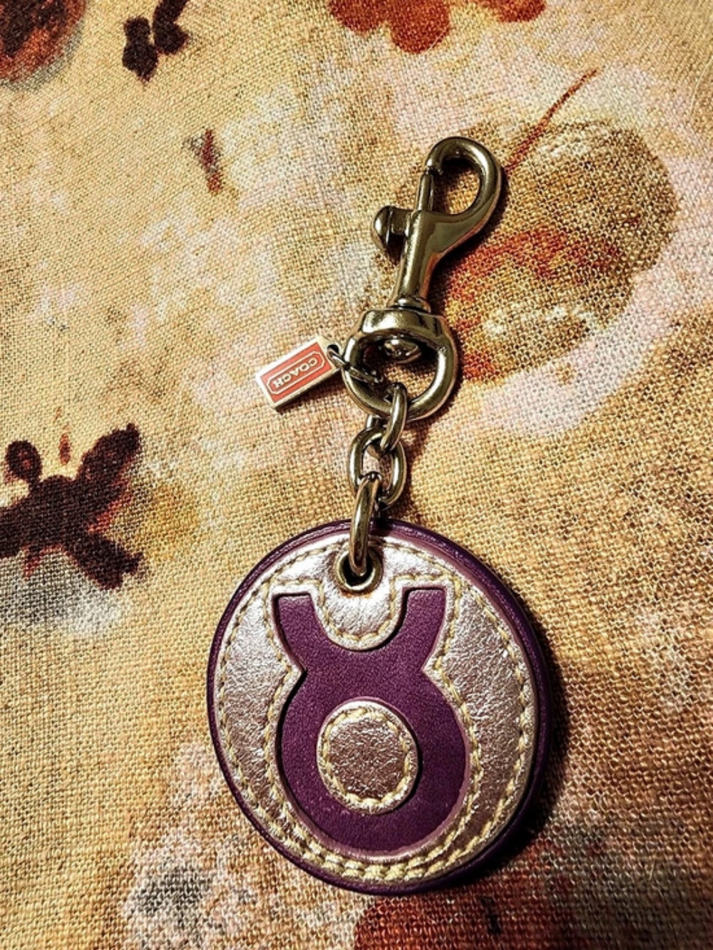 Coach Taurus Zodiac Leather Key Fob Bag Charm Purple & Gold